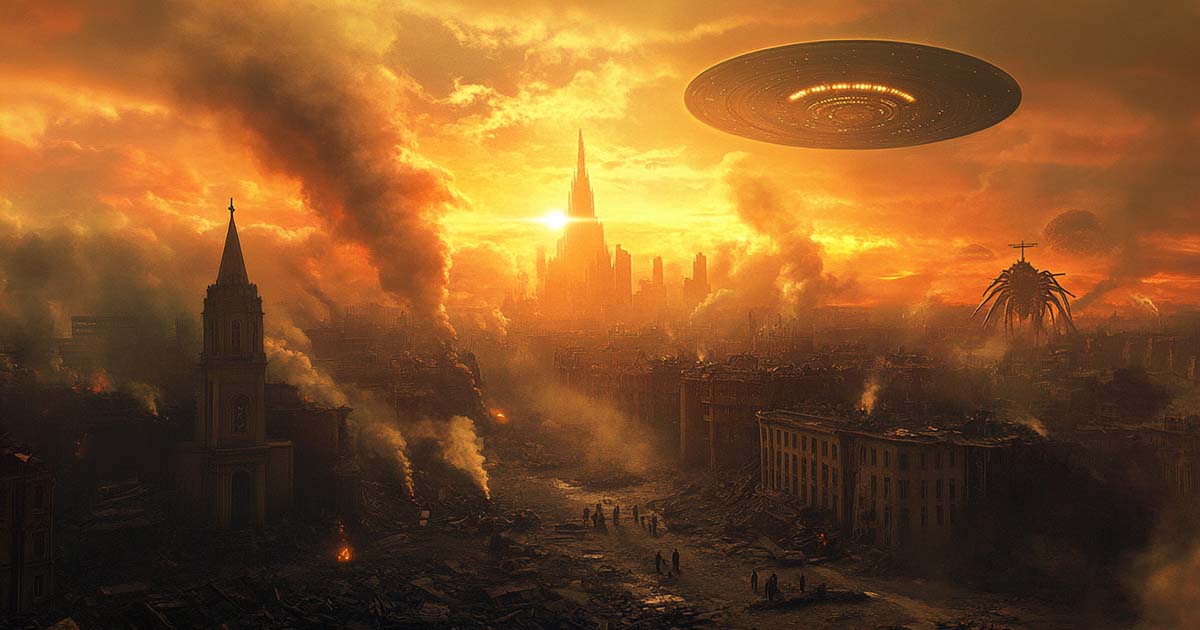 Ruined cityscape under golden sky with towering church and looming alien ships, capturing the moment when faith emerges from the ashes of invasion.