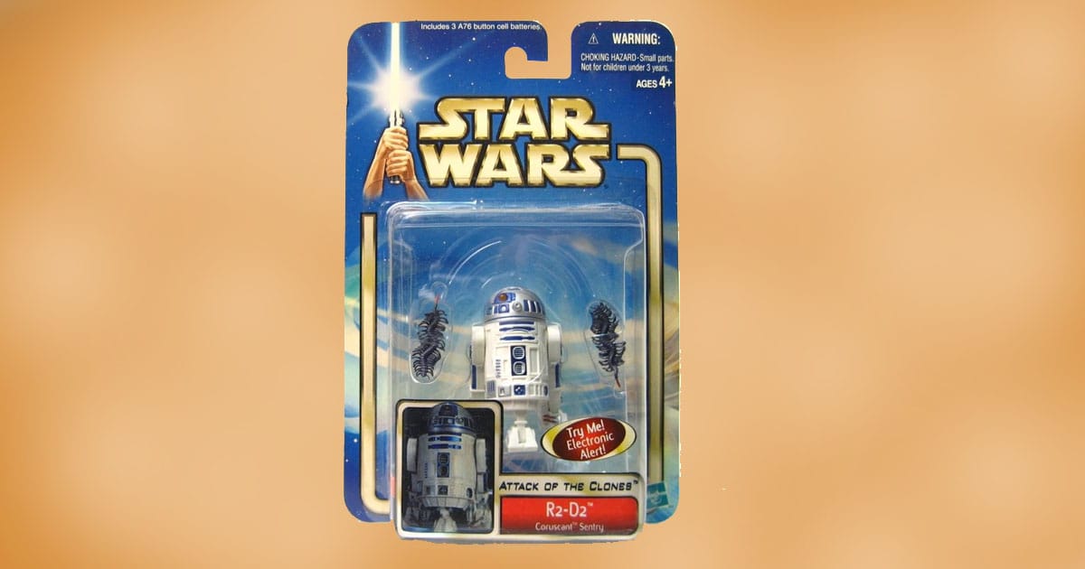 Carded Star Wars Attack of the Clones R2-D2 Coruscant Sentry action figure with electronic alert and kouhun accessories.