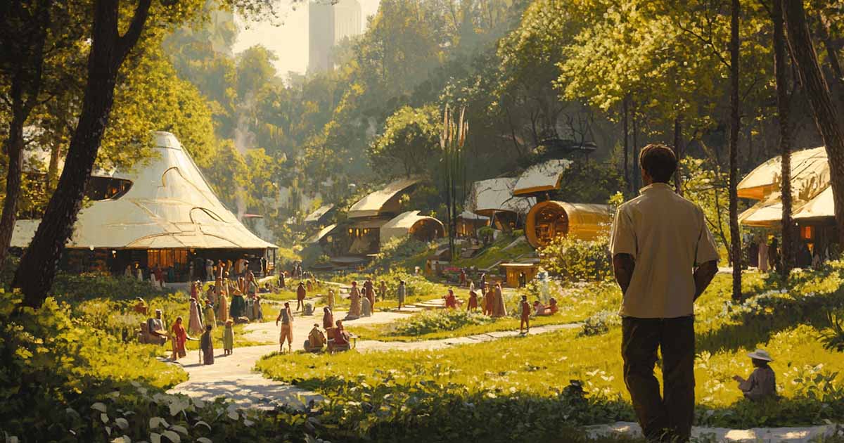 A man in 1970s casual clothing stands at the edge of a forest village, watching people interact peacefully in a sunlit, eco-friendly community with curved buildings and natural surroundings.