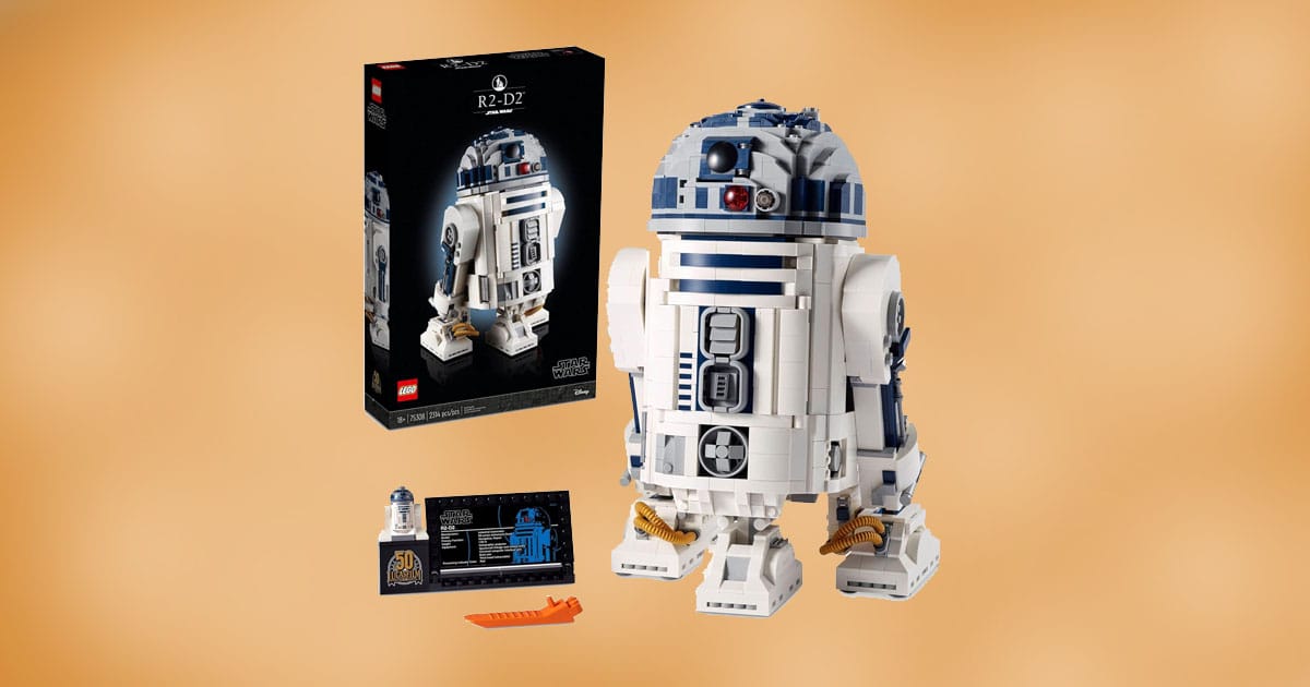 LEGO Star Wars R2-D2 building set with 2314 pieces, 50th anniversary display plaque, and detailed features including rotating head and hidden tools.