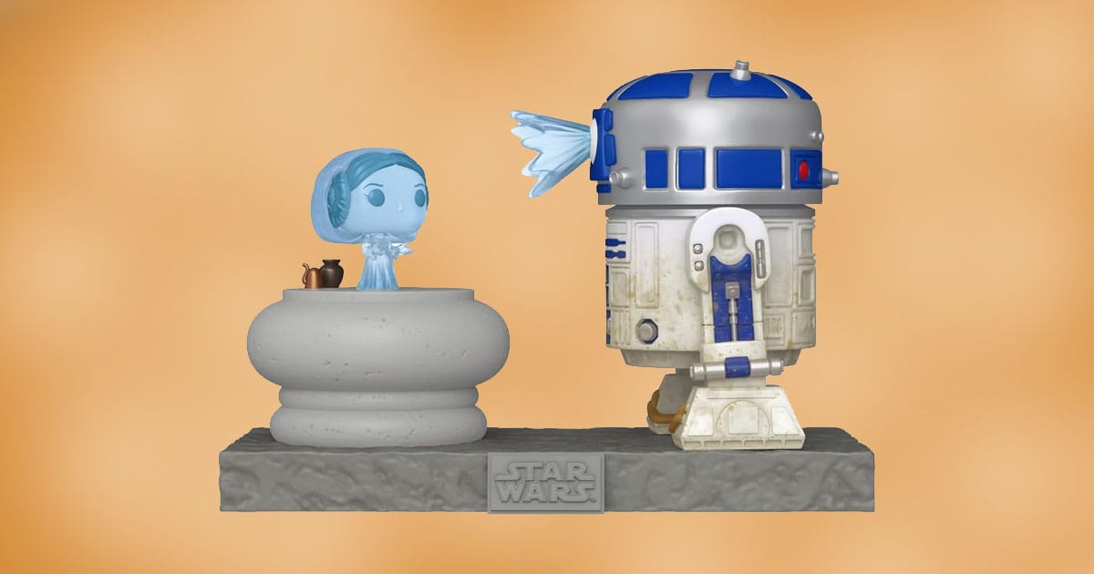 Funko Pop vinyl figure featuring R2-D2 projecting hologram Princess Leia on a themed Star Wars display base.
