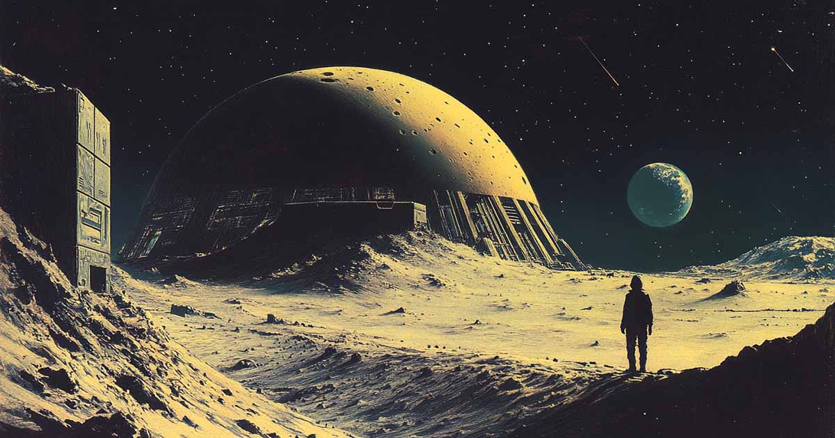 A lone figure standing on the lunar surface near a massive dome, Earth rising on the horizon under a starry sky, in the style of Chris Foss.
