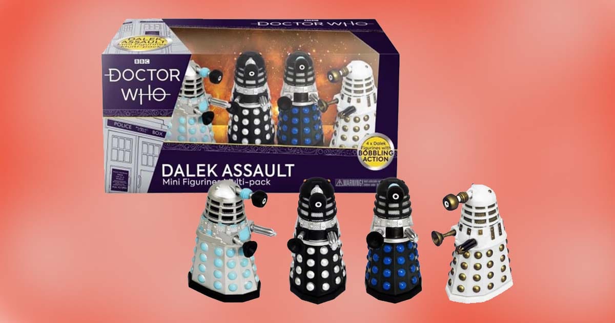 Doctor Who Dalek Assault mini figurine multi-pack showing four detailed Dalek figures in various colors with bobble-head action, displayed in front of the packaging.
