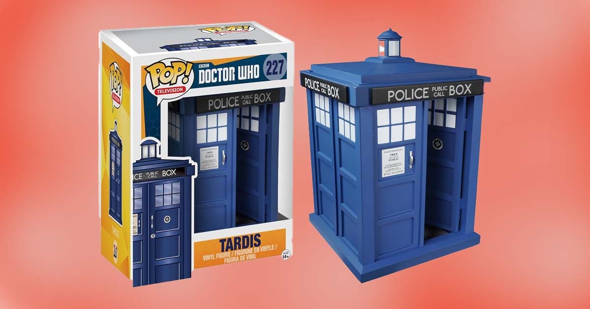 Funko POP TARDIS vinyl figure from Doctor Who, featuring the classic blue police box design with open doors, shown next to its original packaging.
