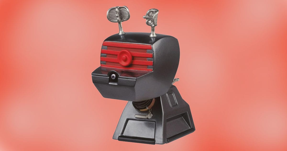 Doctor Who K-9 Funko POP figure featuring the robotic dog with red grille and antennae, set against a red background.