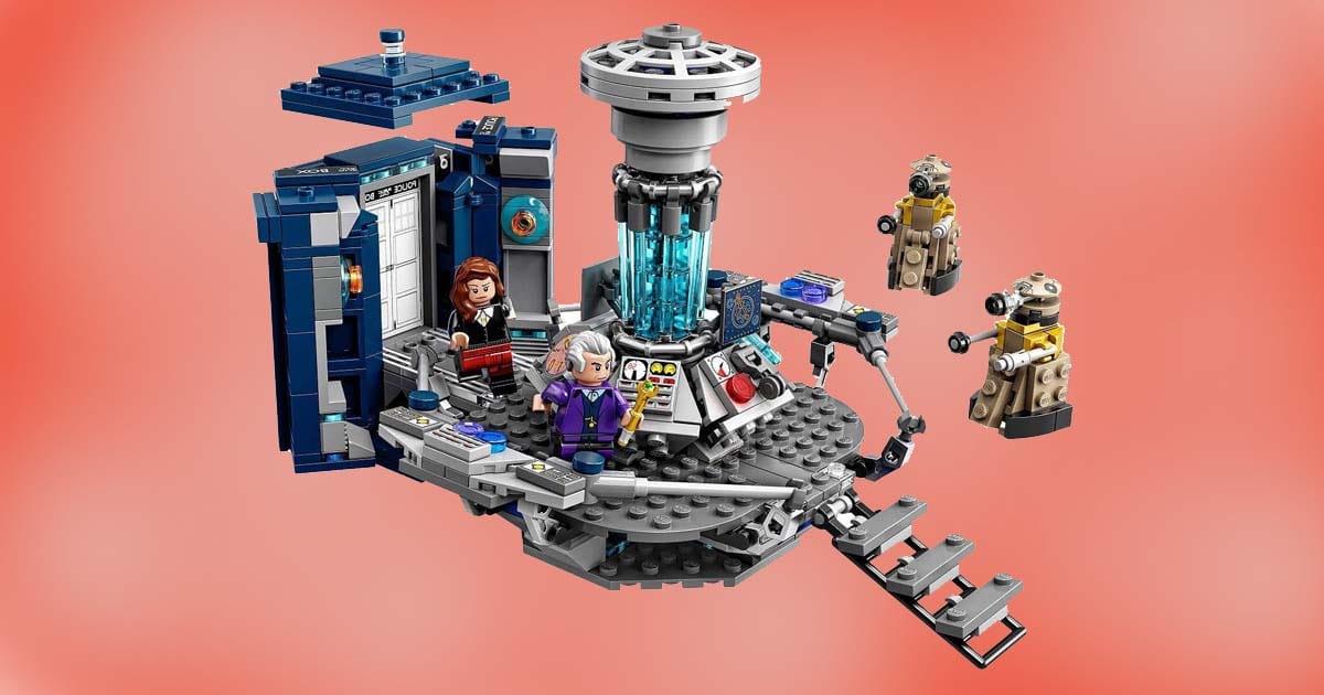 LEGO Doctor Who set featuring the TARDIS, interior console room, Clara Oswald, the Twelfth Doctor, and three Dalek mini-builds against a red background.