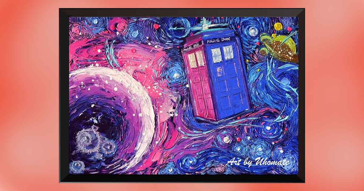 Framed Doctor Who TARDIS wall art by Uhomate, featuring a vivid, swirling galaxy in purple, blue, and pink tones with the TARDIS flying through space.