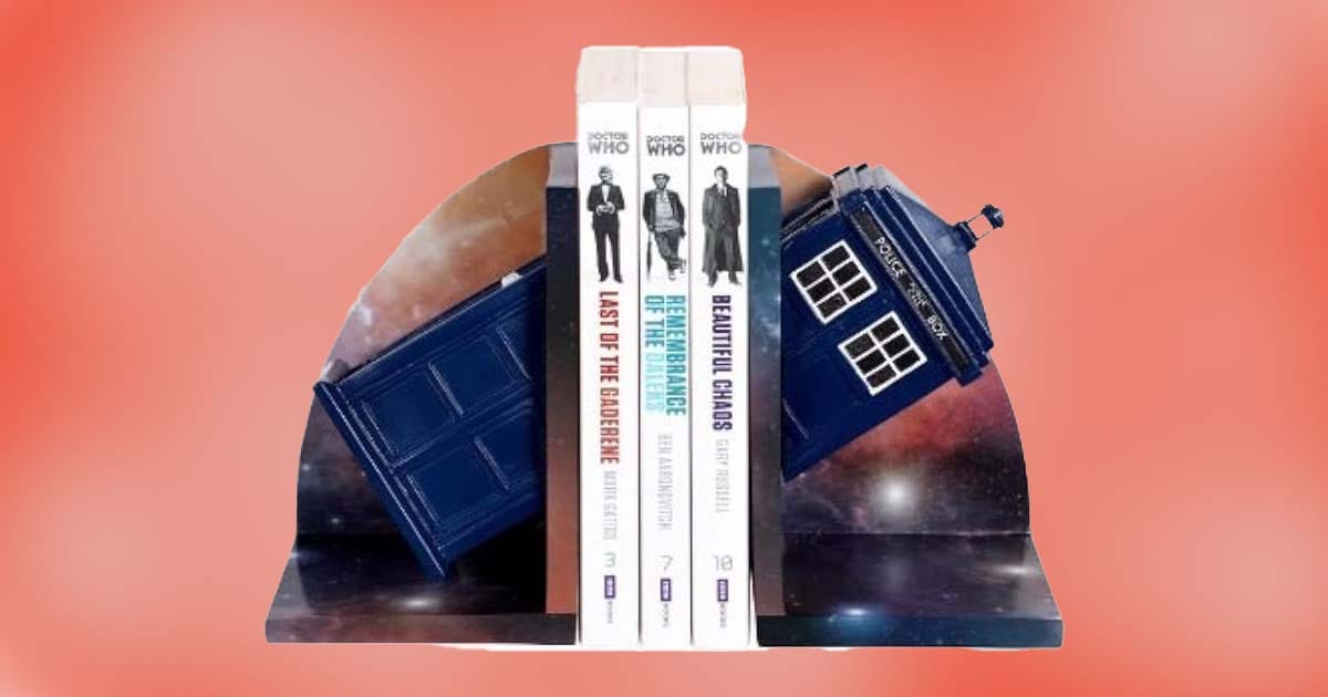 Doctor Who TARDIS bookends holding three novels, with the TARDIS depicted at tilted angles against a cosmic background.