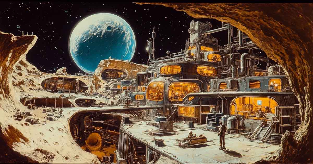 Interior of a futuristic lunar colony carved into rock with glowing windows, settlers at work, and Earth visible in the background, in the style of Chris Foss.