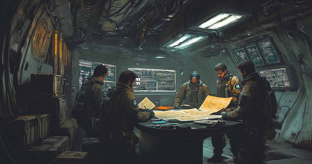 Lunar rebels gathered in an underground planning room around maps and screens, wearing pressure suits, in the style of Chris Foss.