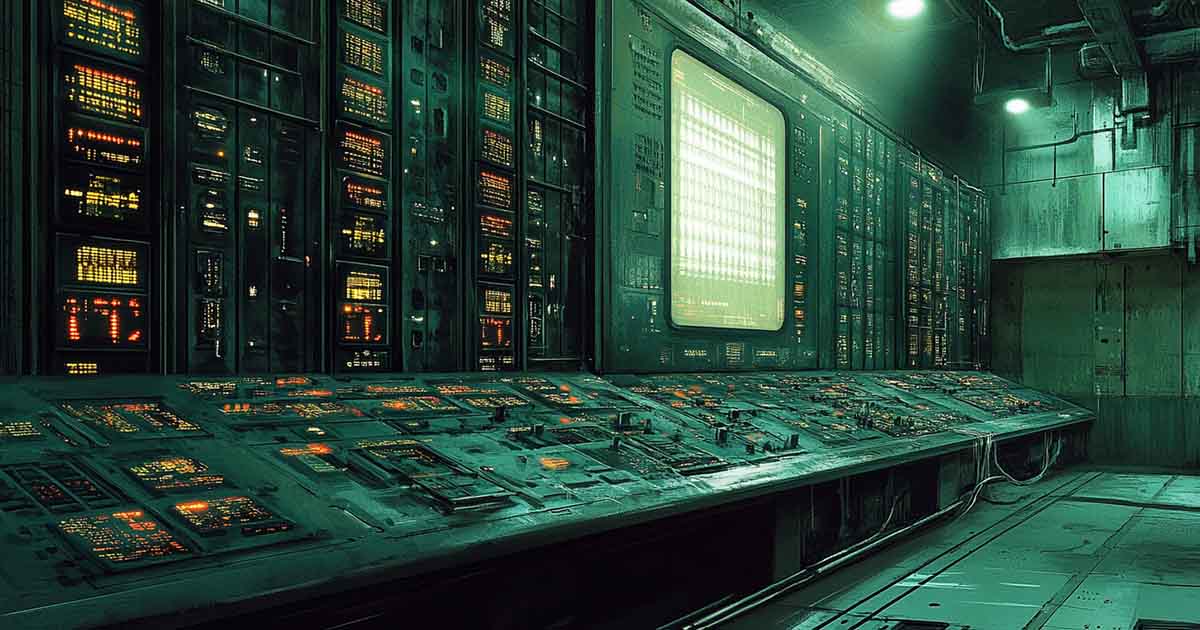 A massive retro-futuristic computer core with glowing panels and terminals inside a lunar control room, in the style of Chris Foss.