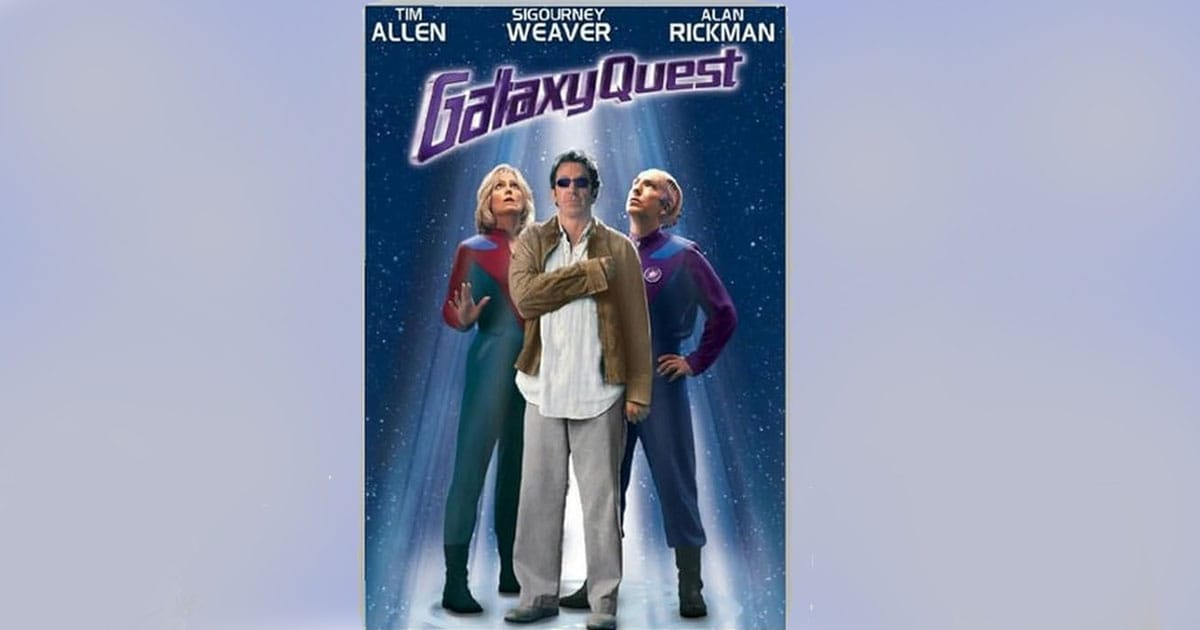 Galaxy Quest canvas poster featuring Tim Allen, Sigourney Weaver, and Alan Rickman under starry spotlight