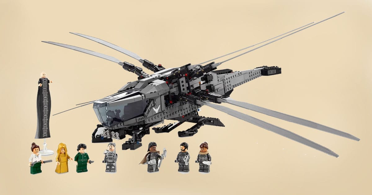 LEGO model of the Atreides Royal Ornithopter with eight Dune character minifigures