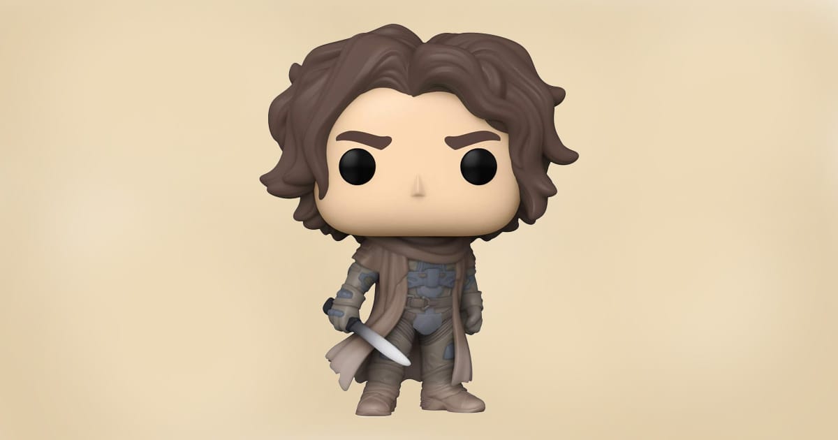 Funko Pop vinyl figure of Paul Atreides holding a crysknife in stillsuit attire from Dune