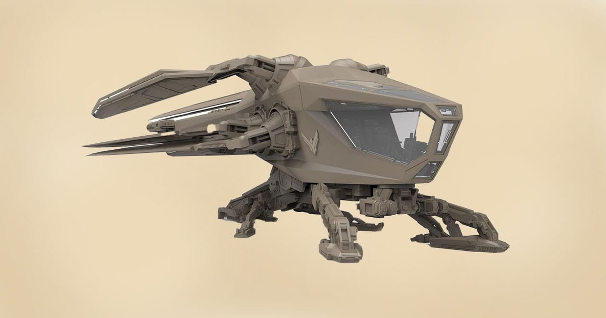 Detailed model of the Atreides Ornithopter from Dune with extended wings and landing gear.