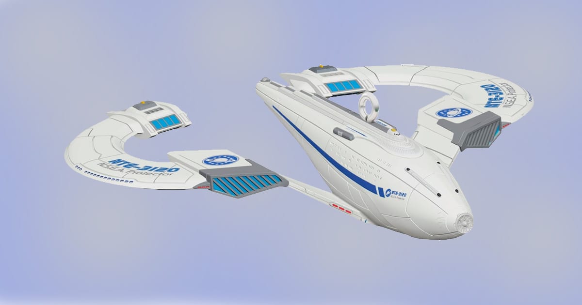 Hallmark ornament of the N.S.E.A. Protector spaceship from Galaxy Quest in white and blue design