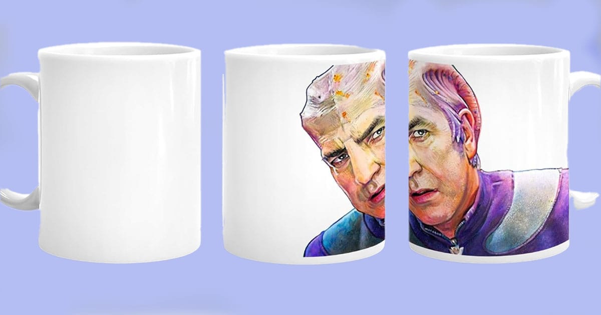 Ceramic coffee mug with watercolor-style portrait of Dr. Lazarus from Galaxy Quest