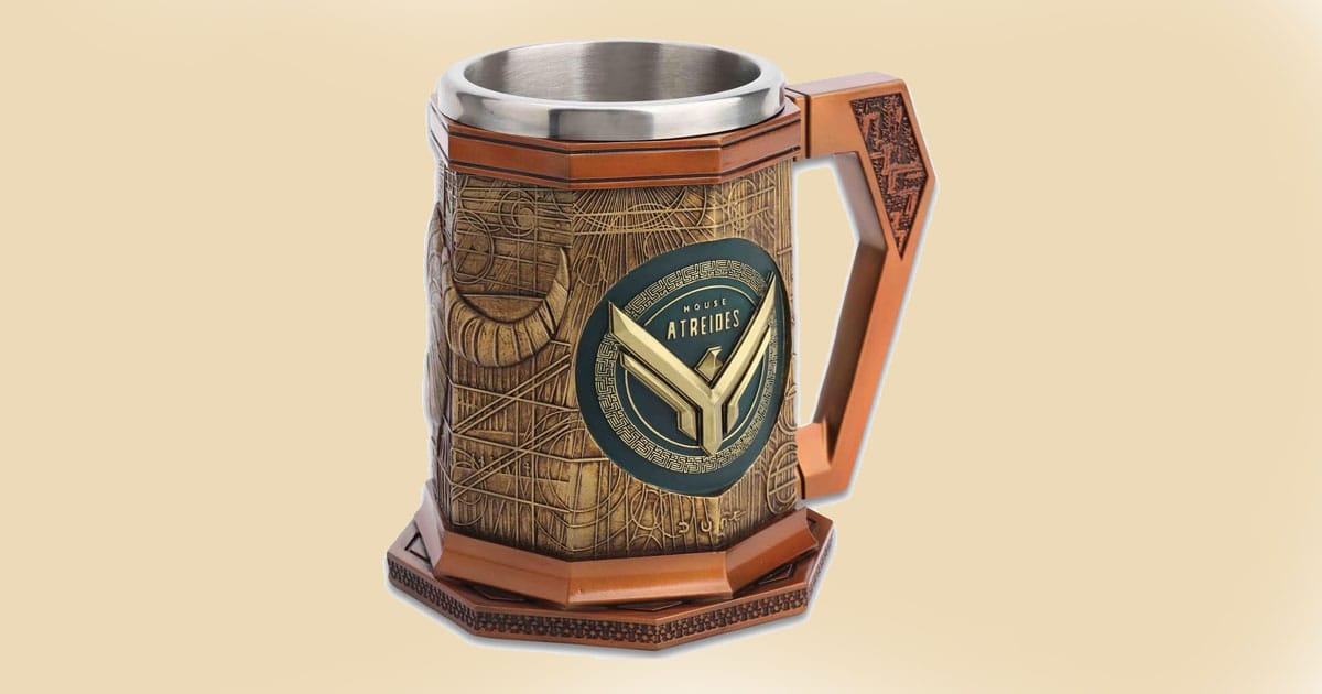 Decorative Dune mug featuring the House Atreides crest with detailed sandworm relief and metallic liner.