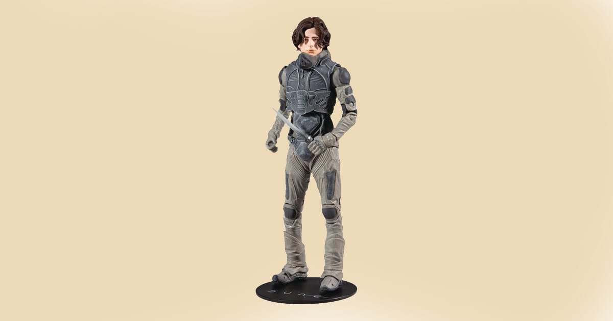 Seven-inch action figure of Paul Atreides in stillsuit holding a crysknife from Dune.