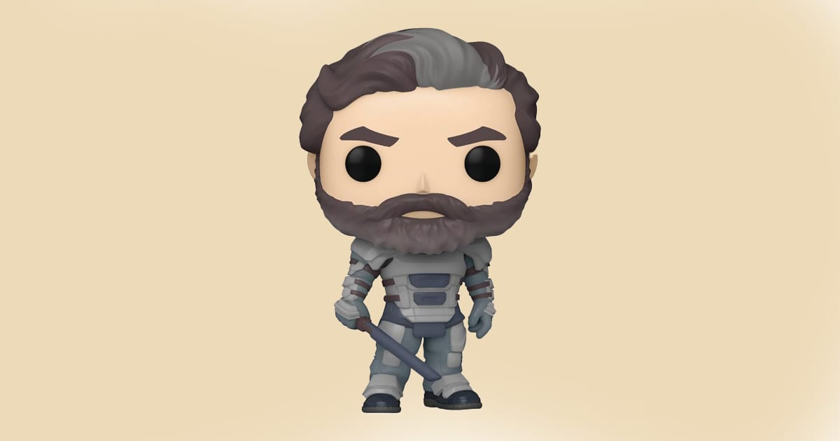 Funko Pop vinyl figure of Duke Leto Atreides in stillsuit holding a weapon from Dune.