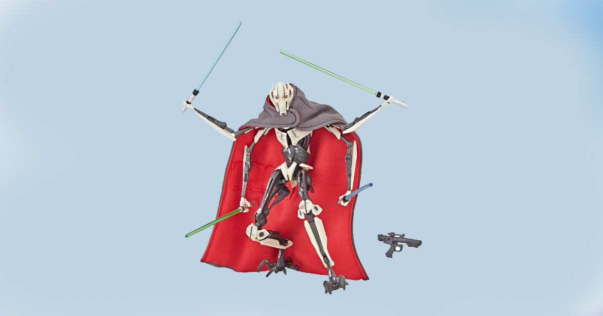 Star Wars Black Series General Grievous action figure with red cape and four lightsabers on light blue background
