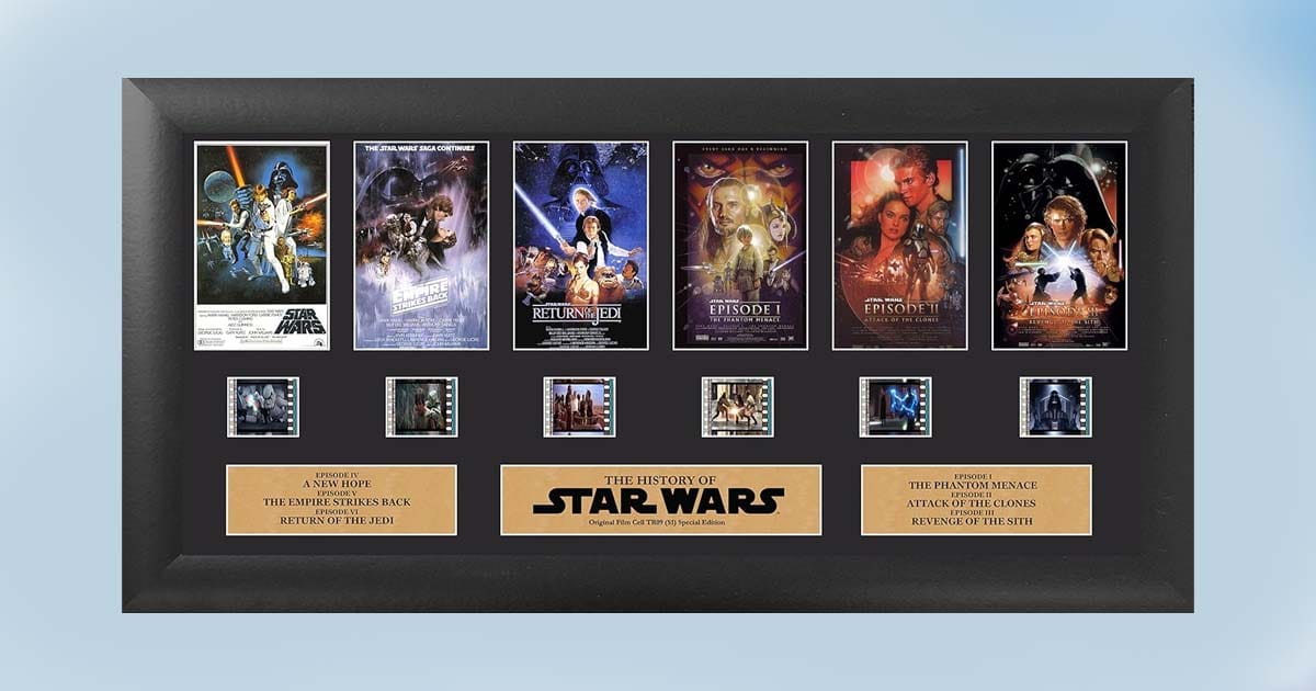 Framed Star Wars collectible with film cells and posters from Episodes I through VI including a gold nameplate.