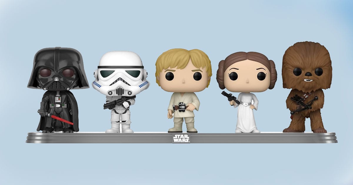 Funko Pop Star Wars 5-Pack featuring Darth Vader, Stormtrooper, Luke Skywalker, Princess Leia, and Chewbacca on a shared display base.