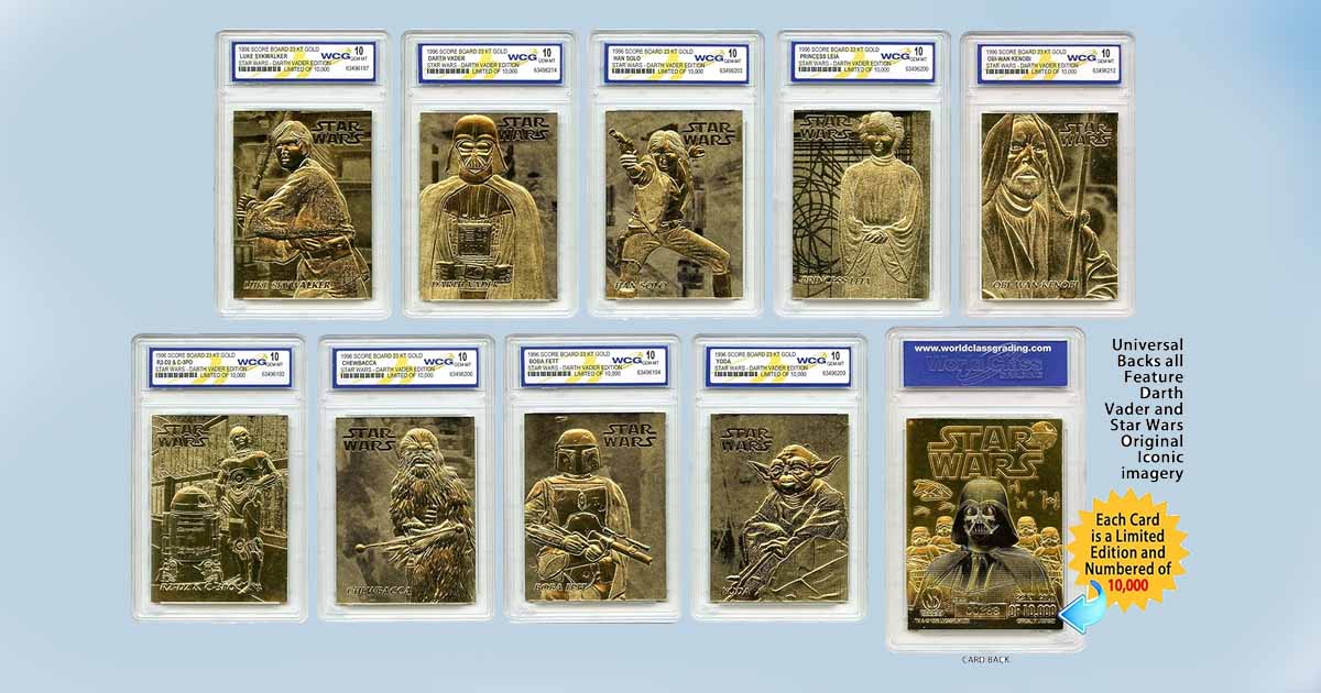 Star Wars 1996 23K gold trading card set with graded cards featuring Darth Vader, Luke Skywalker, Princess Leia, and others.