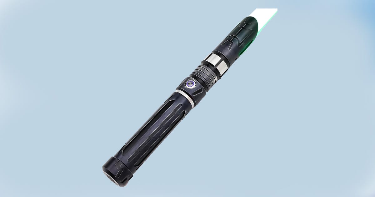 Saberforms green lightsaber with black hilt and illuminated blade on blue background.