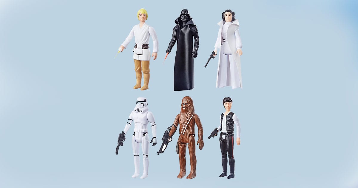 Retro style Star Wars action figure set featuring Luke Skywalker, Darth Vader, Princess Leia, Stormtrooper, Chewbacca, and Han Solo.