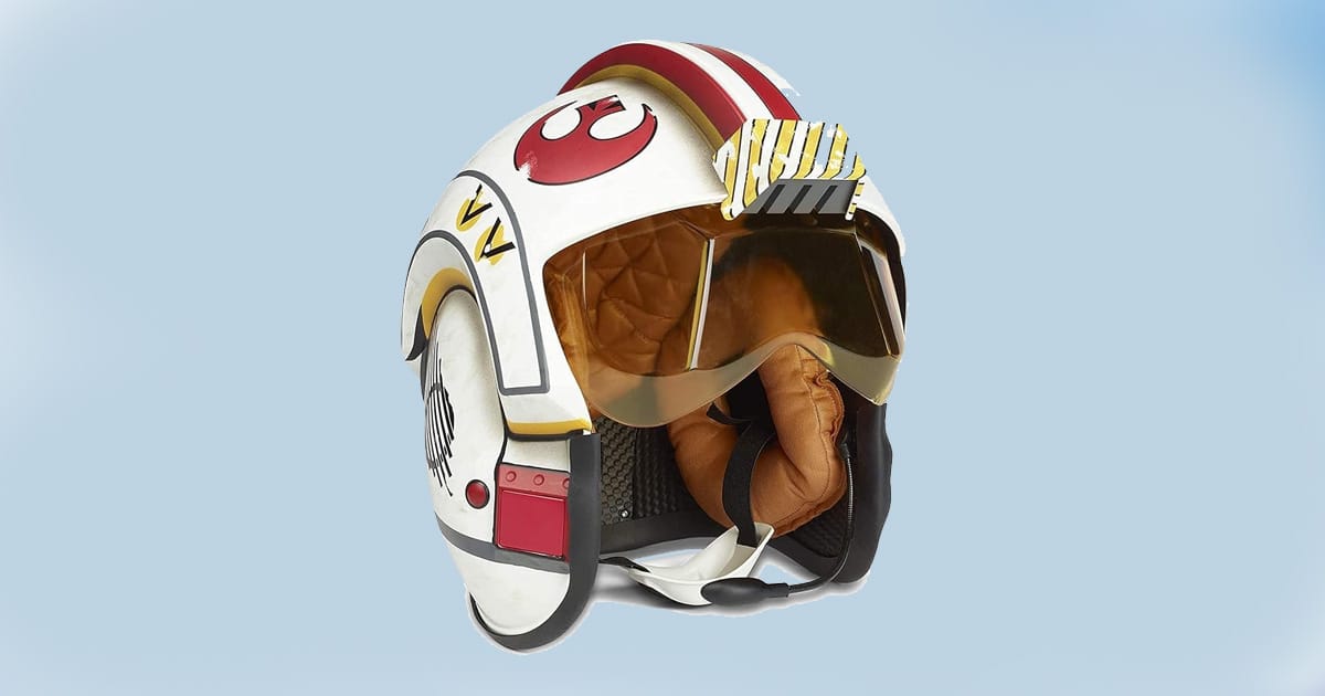 Star Wars Black Series Luke Skywalker X-wing pilot helmet with Rebel insignia and tinted visor.