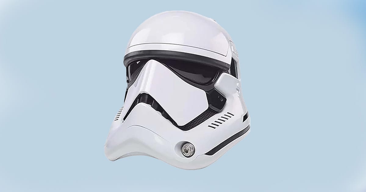 First Order Stormtrooper electronic helmet from Star Wars with glossy white finish and black visor.