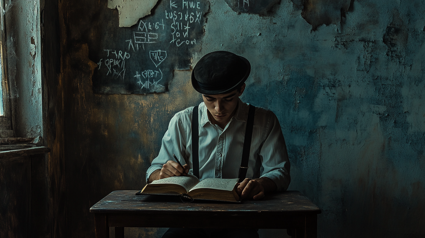 Young man in bowler hat writing in a book at a worn desk, surrounded by strange symbols on peeling walls, evoking the alien language of A Clockwork Orange.