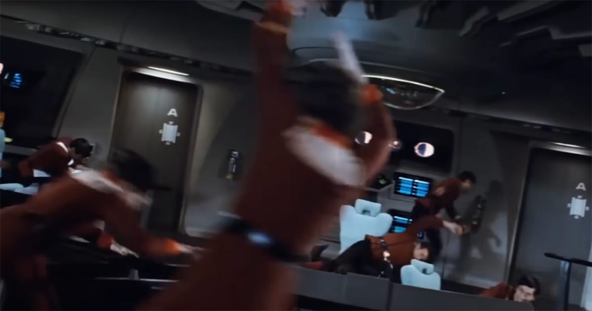 Enterprise crew thrown from their stations as the ship takes heavy damage during the battle with the Reliant.