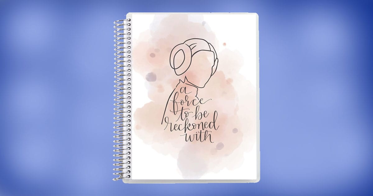 Star Wars Watercolor Leia spiral notebook with minimalist Leia silhouette and the words “A force to be reckoned with” on the cover.