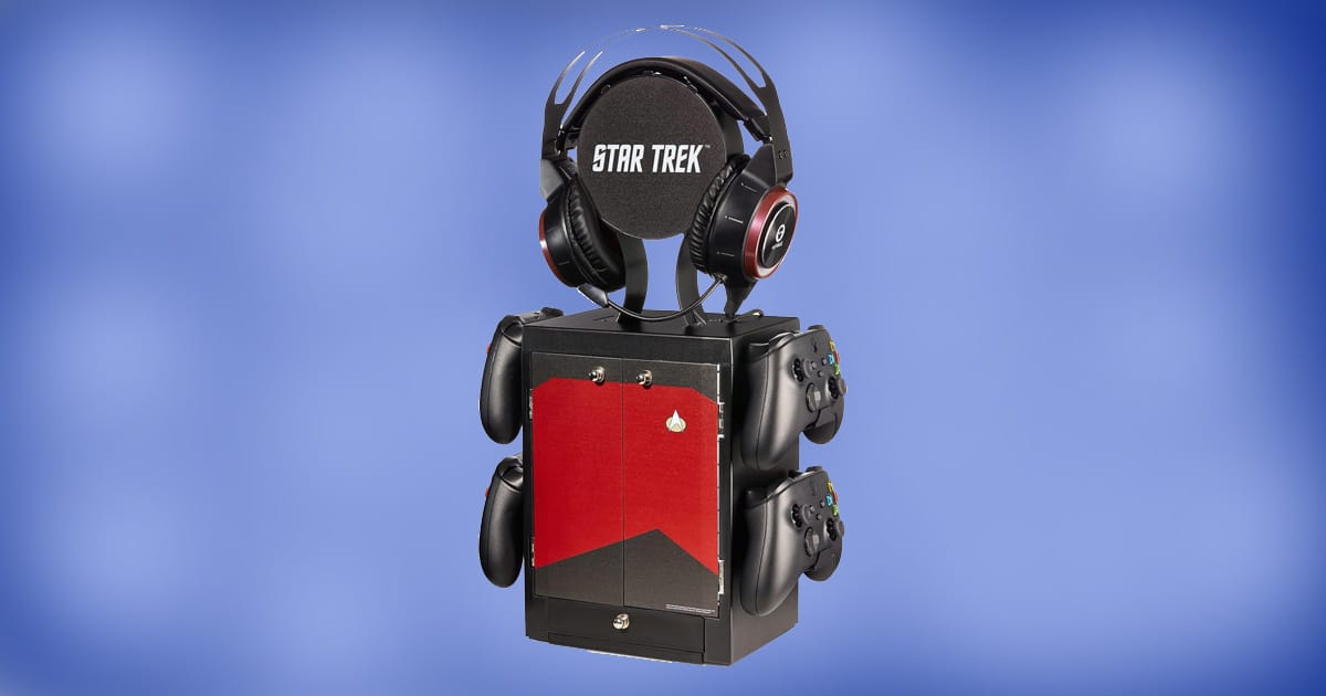 Star Trek Commander’s Gaming Accessory Locker styled after Starfleet uniform, holding controllers, headset, and accessories on a blue background.