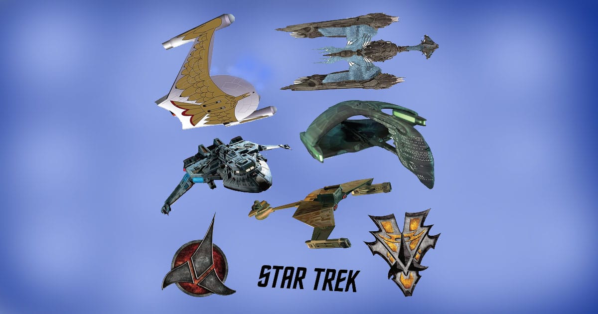 Star Trek villain ships vinyl wall art set featuring six detailed starship decals and faction emblems on a blue background.