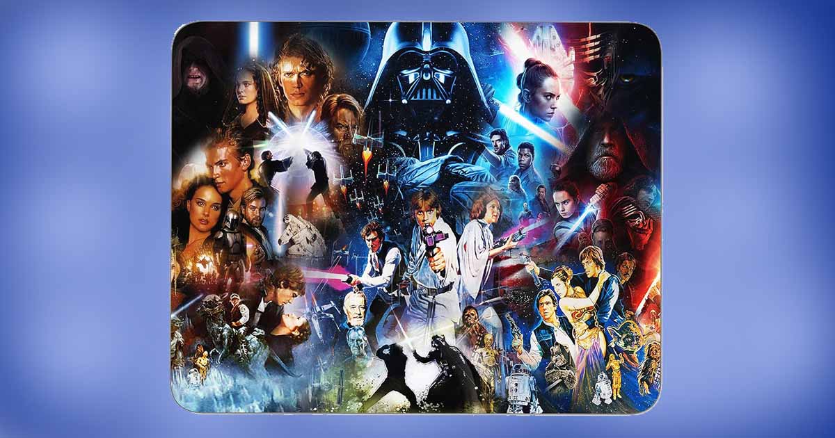 Star Wars rectangular gaming mouse pad featuring collage of characters and scenes from across the Star Wars films on a blue background.