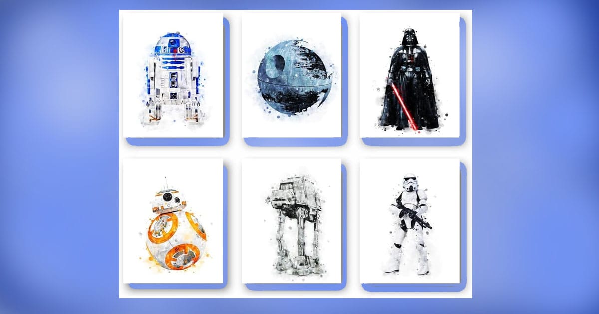 Six-piece Star Wars wall art collection featuring watercolor-style prints of R2-D2, Death Star, Darth Vader, BB-8, AT-AT walker, and Stormtrooper.