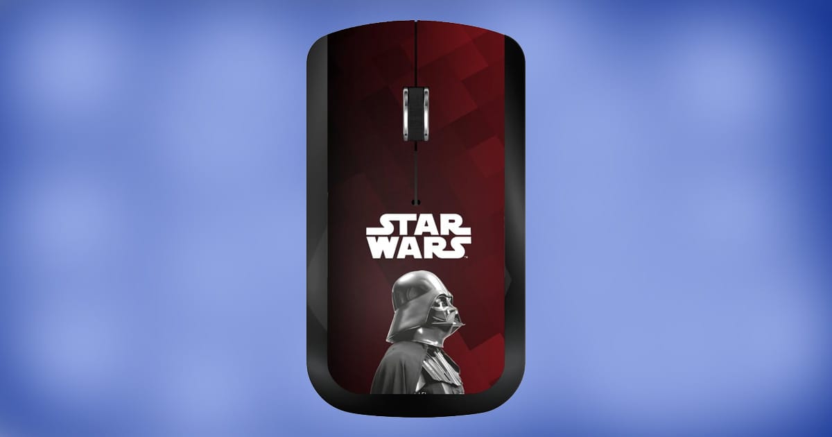 Star Wars Darth Vader wireless computer mouse with red and black design featuring Darth Vader profile and Star Wars logo.