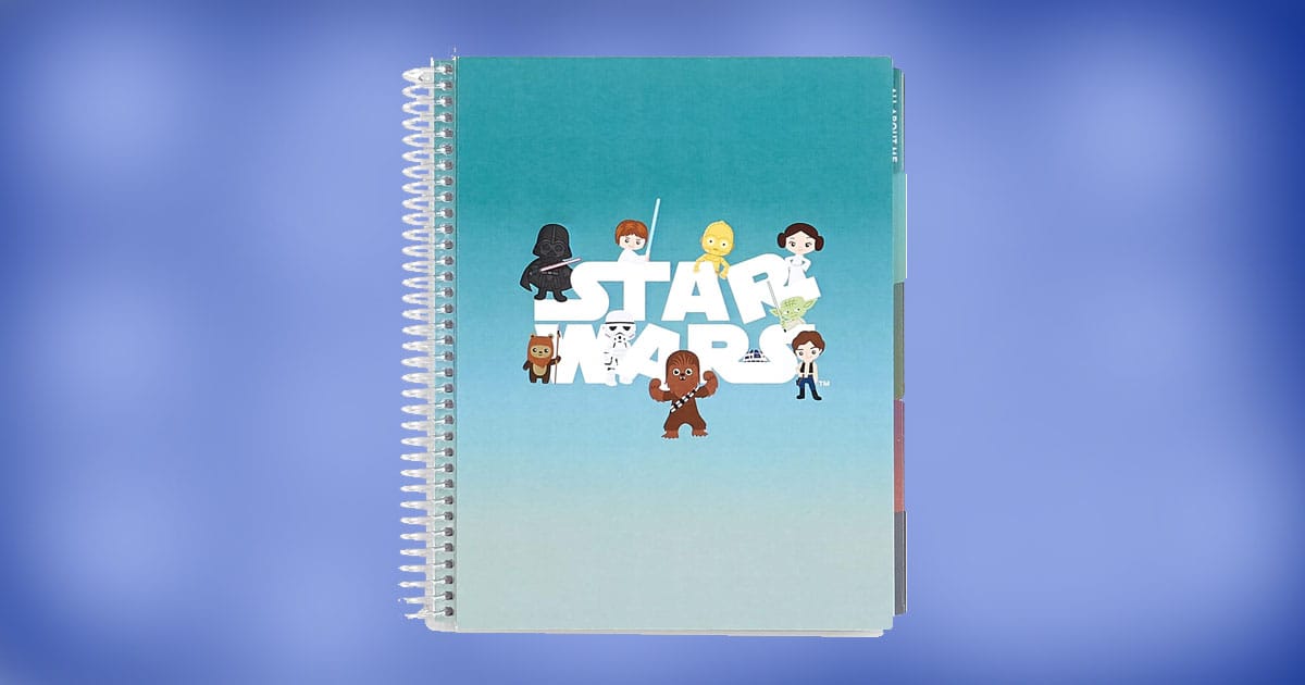 Star Wars Kids Planner with chibi-style characters including Darth Vader, Leia, Luke, Yoda, Chewbacca, and others on a blue gradient cover.