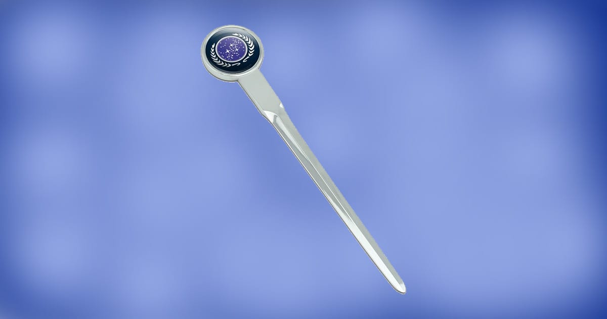 Star Trek United Federation of Planets chrome-plated letter opener with Federation emblem on a blue background.
