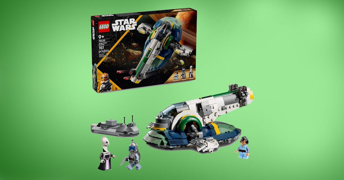 LEGO Star Wars Jango Fett’s Starship set with minifigures of Jango Fett, young Boba Fett, and Kaminoan character on green background.