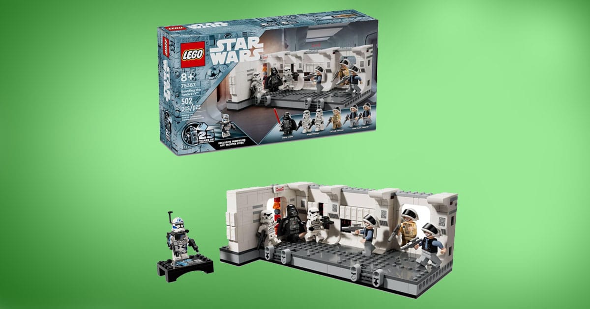 LEGO Star Wars Tantive IV Boarding playset with minifigures of Darth Vader, Stormtroopers, and Rebel Troopers on a green background.