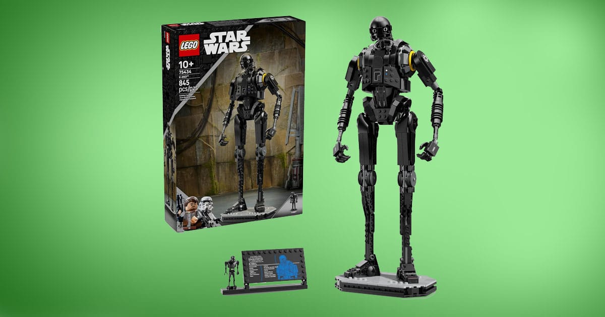 LEGO Star Wars K-2SO Security Droid model with posable limbs, display stand, plaque, and box on green background.