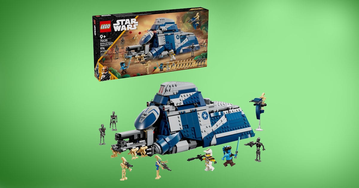 LEGO Star Wars Battle of Felucia Separatist MTT set with Jedi Master Aayla Secura, Commander Bly, battle droids, and vehicle on green background.