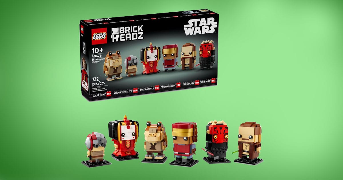LEGO Star Wars BrickHeadz The Phantom Menace set with six buildable figures including Anakin Skywalker, Queen Amidala, Jar Jar Binks, Captain Panaka, Qui-Gon Jinn, and Darth Maul on green background.