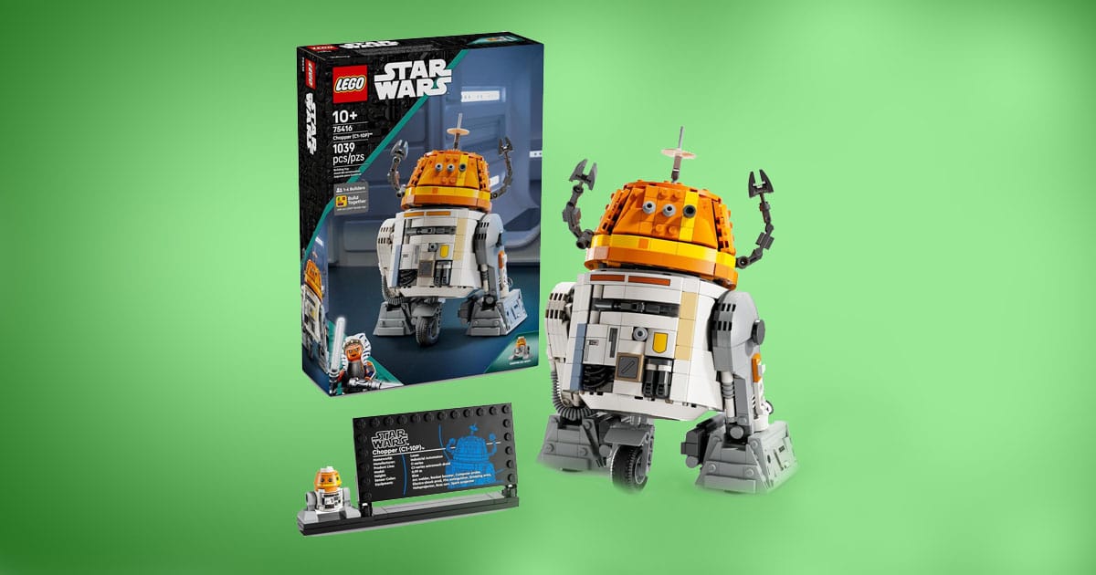 LEGO Star Wars Chopper C1-10P astromech droid set with display stand, plaque, and mini Chopper figure on green background.
