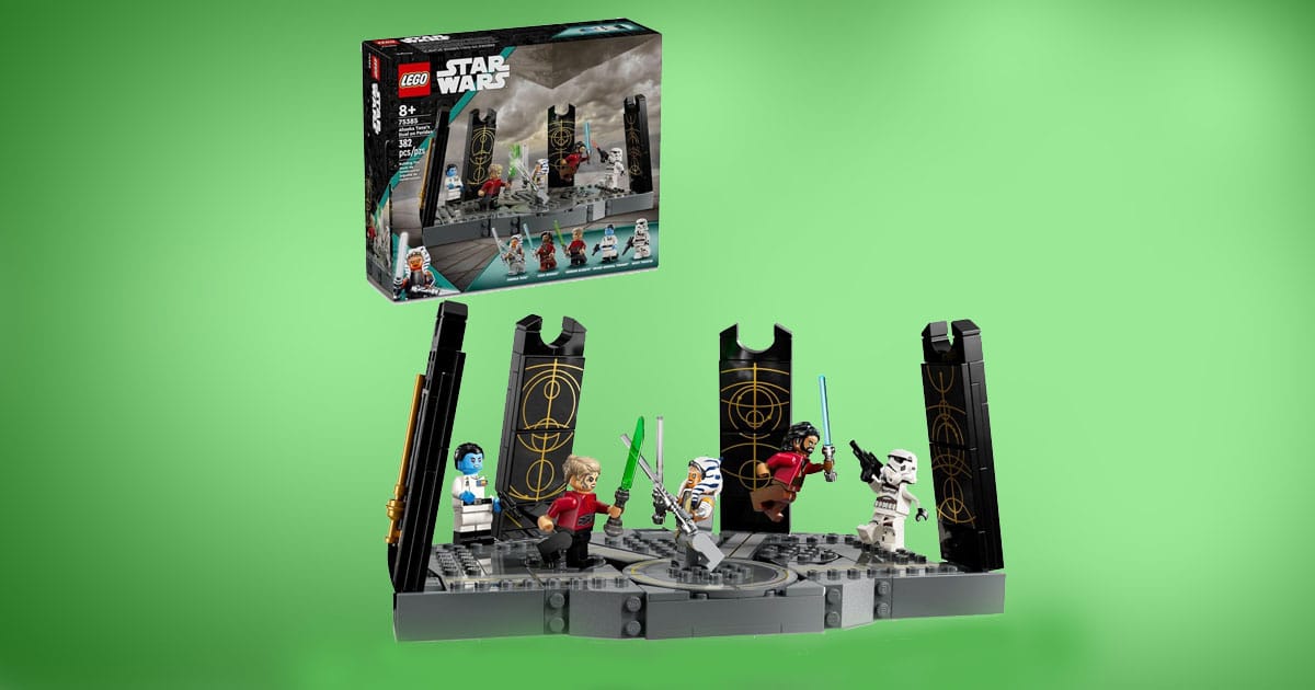 LEGO Star Wars Ahsoka Tano’s Duel on Peridea set with minifigures including Ahsoka Tano, Grand Admiral Thrawn, Ezra Bridger, and stormtroopers on green background.