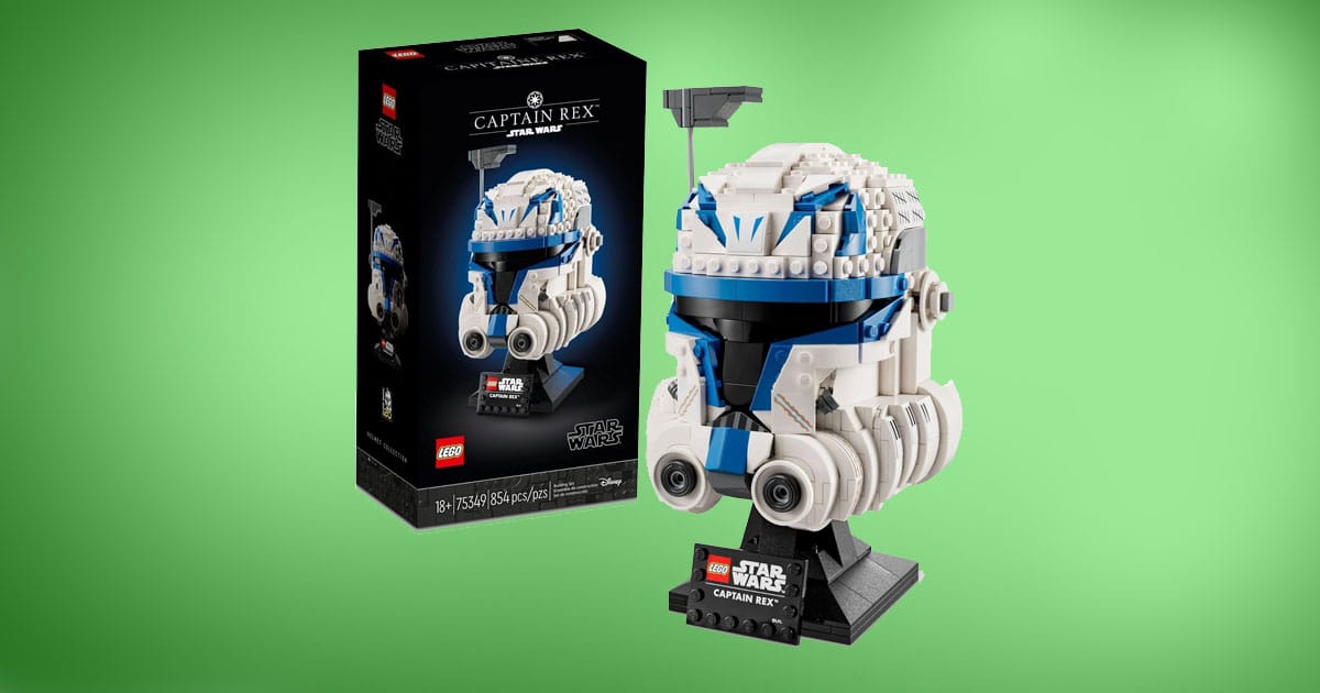 LEGO Star Wars Captain Rex Helmet building set with display stand and box on green background.